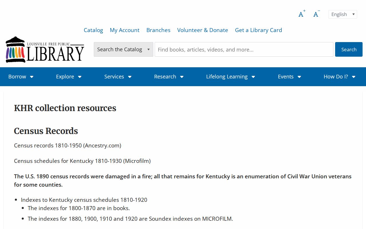 Louisville Free Public Library Kentucky History collection resources page