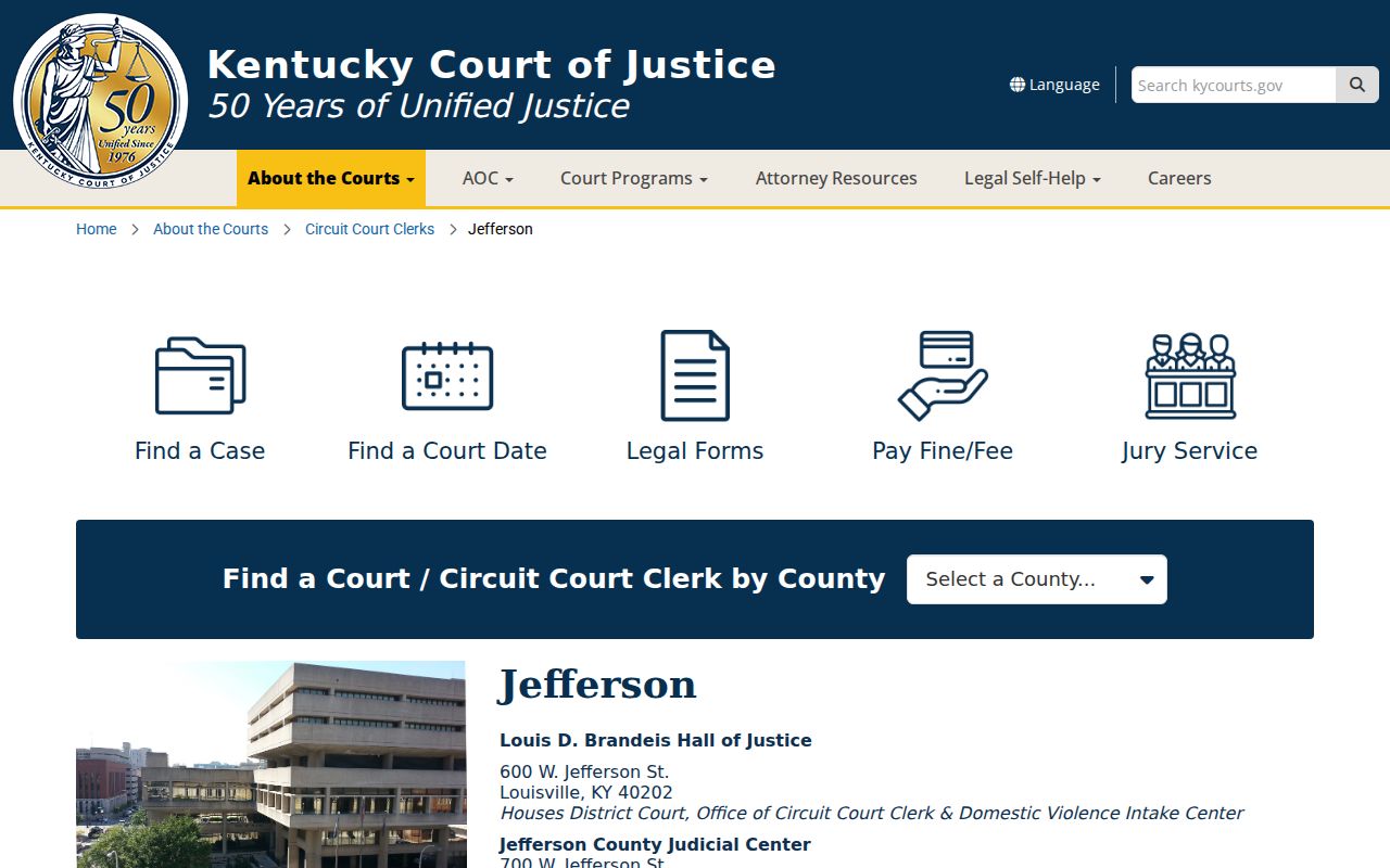 Jefferson County Kentucky court locations and records access page
