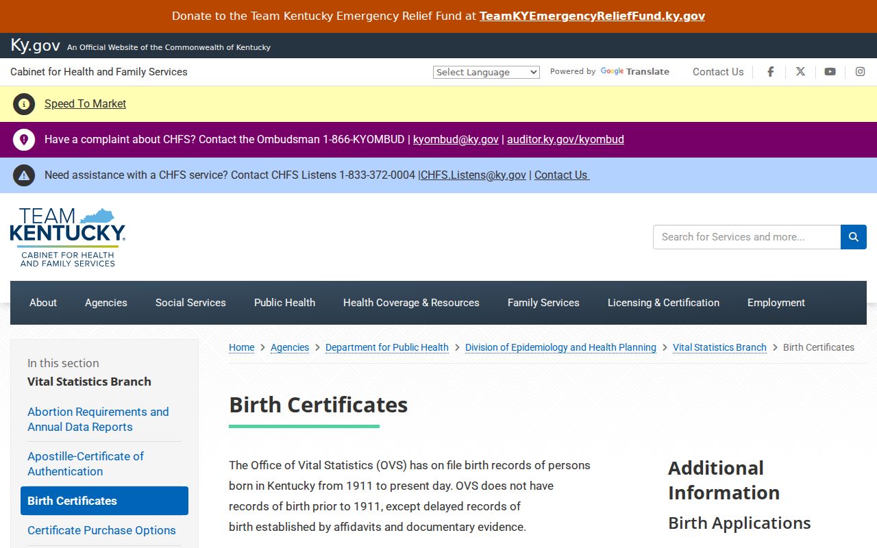 Kentucky Office of Vital Statistics birth certificate information page