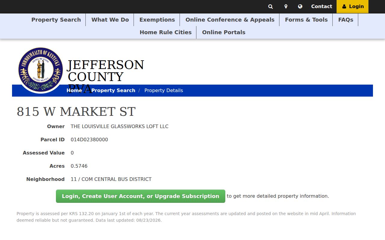 Jefferson County PVA sample parcel card for an address search